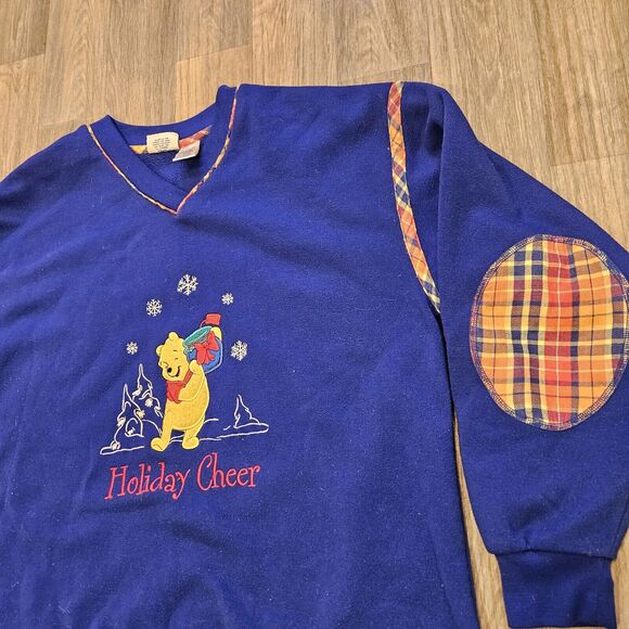 Vtg 90s Winnie The Pooh Nightgown Womens M Blue Fleece Elbow Patches Holiday - Picture 3 of 8